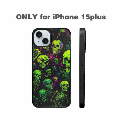 iPhone 15 Plus Case — Skeletons Neon Green Glow Skeletons Pattern, Custom Print Case Cover