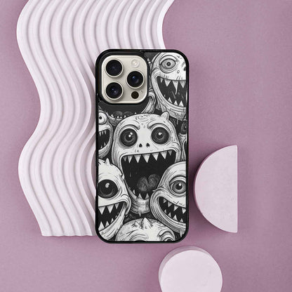 iPhone 16 Pro Max Case — Black And White Monster Face Collage, Custom Printed Phone Case