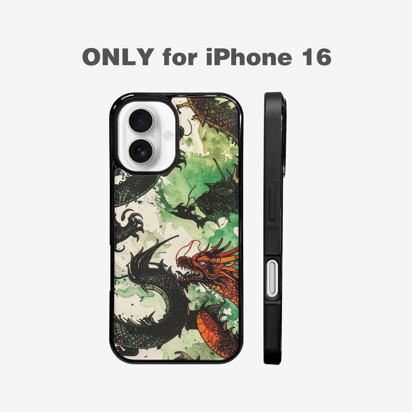 iPhone 16 Case — Dragon Scale Black Green Ink Dragons, Custom Made Phone Cover