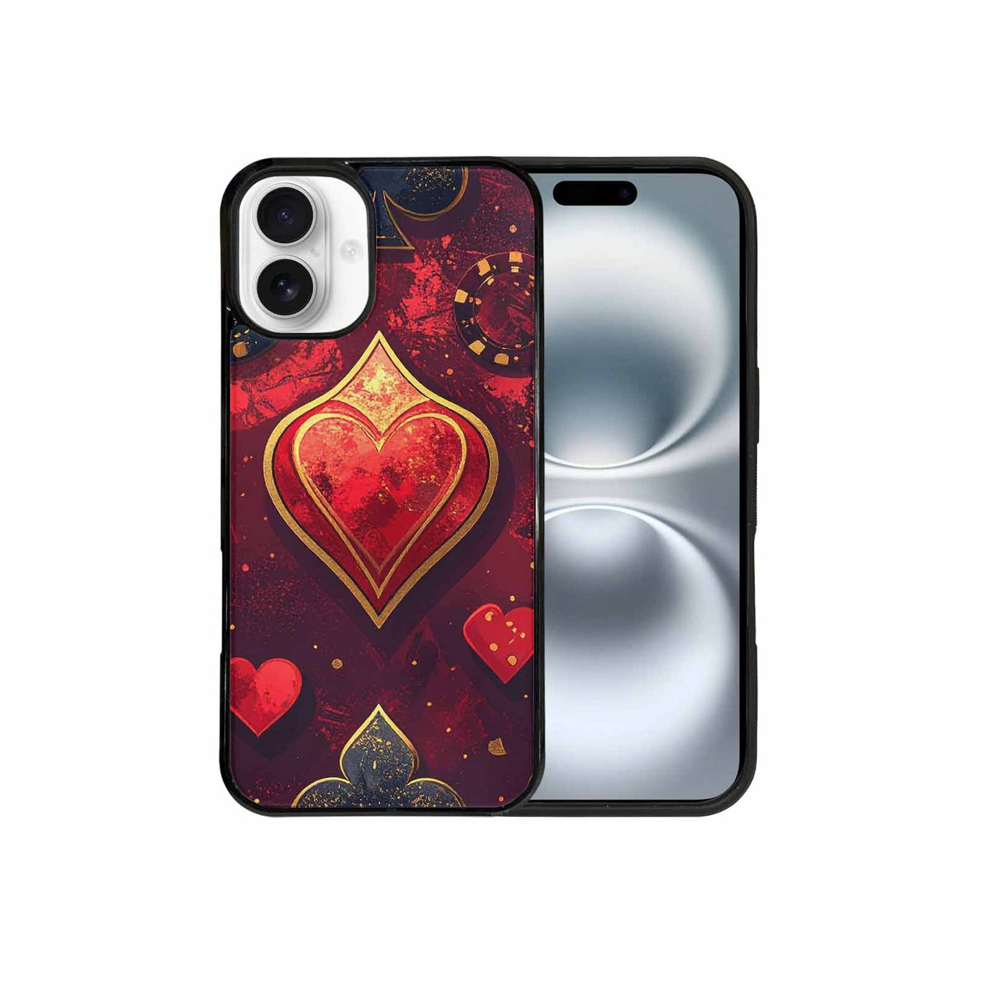 iPhone 16 Plus Case — Playing Card Suits Pattern Poker Chips, Custom Printed Phone Case