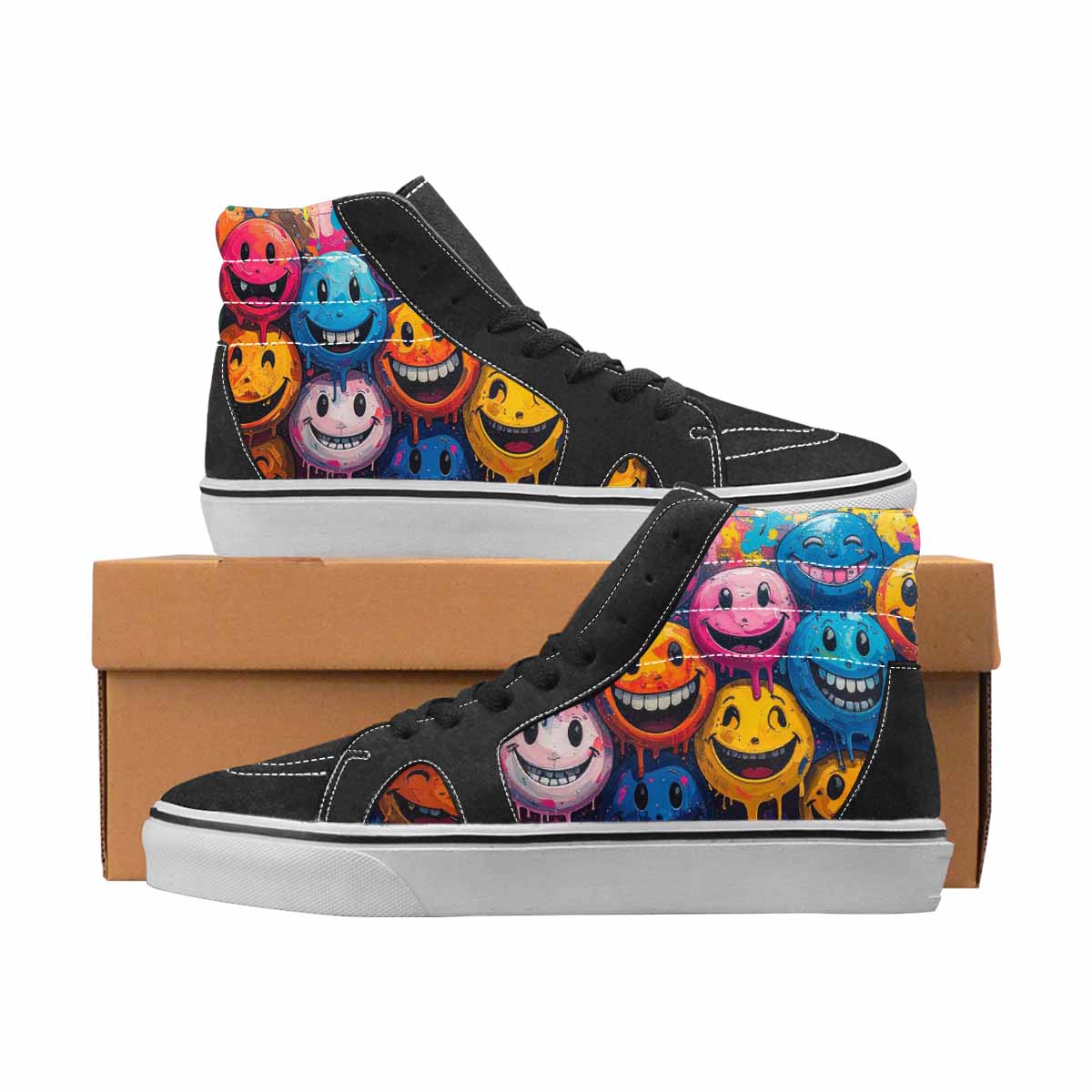 WOMEN'S Smiley Face High Top Canvas Wearable Art Aesthetic Custom Sneakers