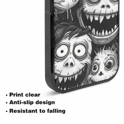iPhone 15 Plus Case — Black And White Monster Face Collage, Unique Phone Case Design