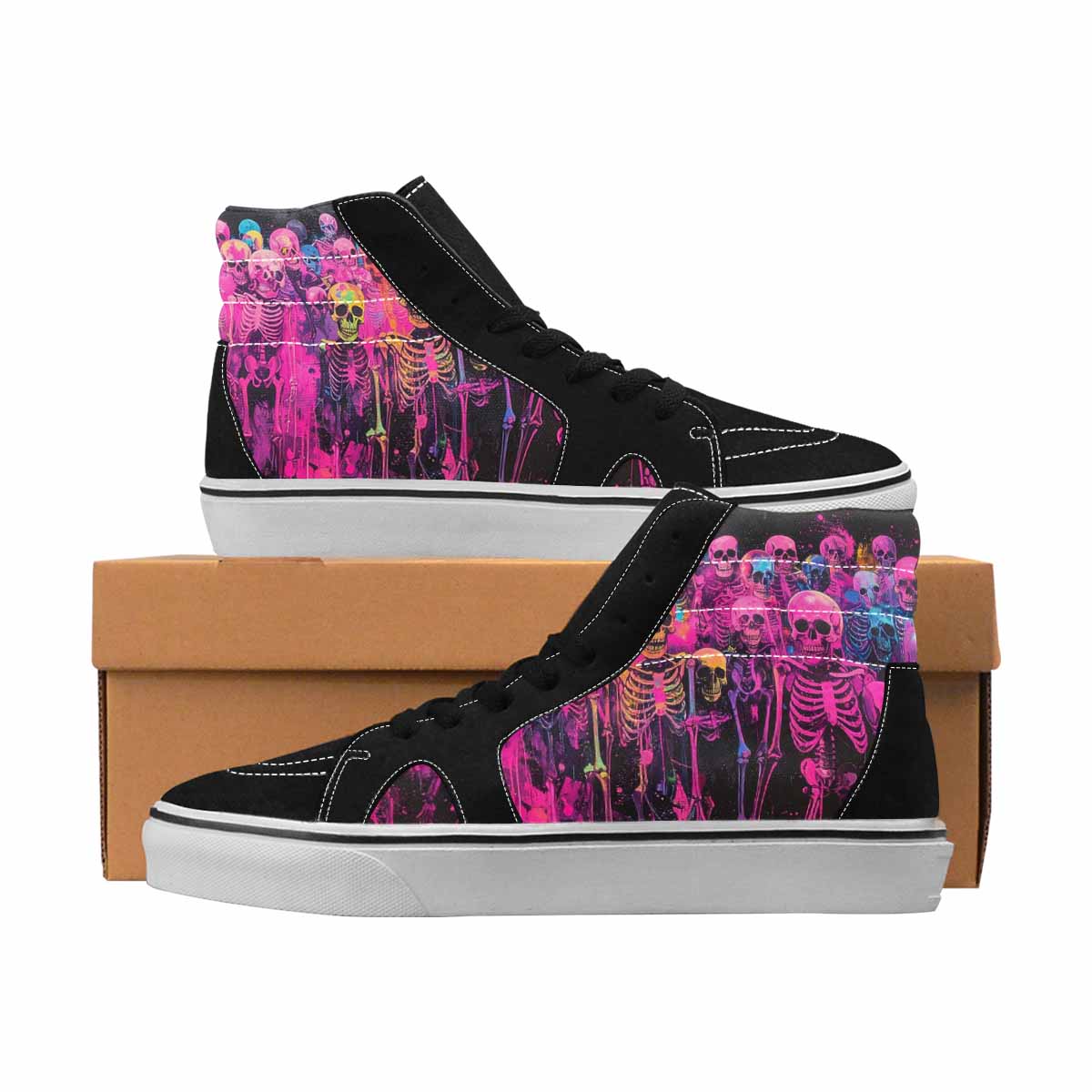 MEN'S Skulls Neon Pink Glow High Top Canvas Original Design Wallpaper Art Customized Sneakers