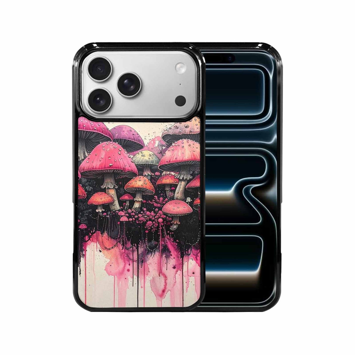 iPhone 17 Pro Max Case — Rainbow Drip Mushrooms Black Original Art, Custom Printed Phone Case