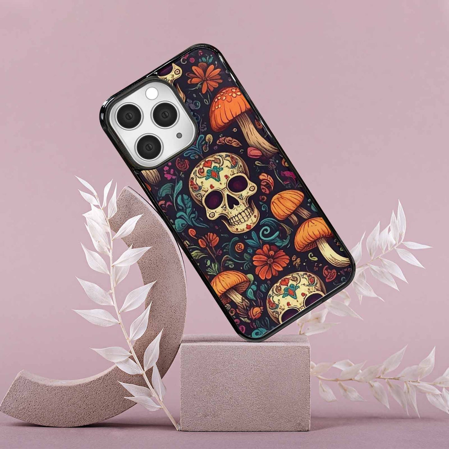 iPhone 15 Pro Max Case — Mushrooms And Skulls, Custom Art Phone Cover
