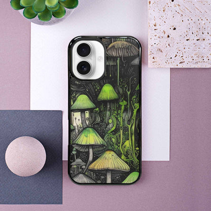 iPhone 16 Case — Rainbow Drip Mushrooms Black Green Ink, Custom Designed Case Cover