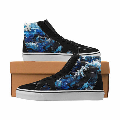 MEN'S Nautical Waves Black & Blue Ink High Top Canvas Made To Order Melting Art Sneakers