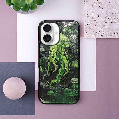 iPhone 16 Case — Sea Creature Burst Black Green Ink, Original Design Phone Case