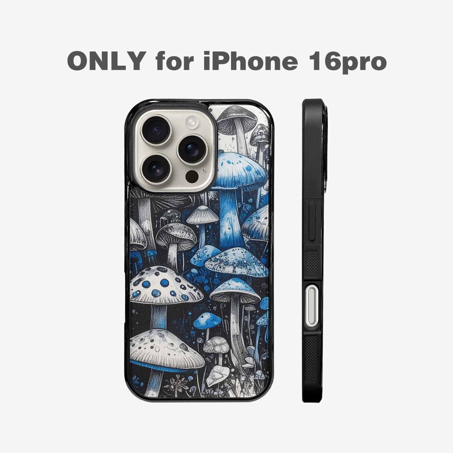 iPhone 16 Pro Case — Mushrooms General Black Blue Ink Mushrooms, Custom Phone Case