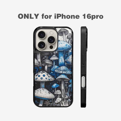 iPhone 16 Pro Case — Mushrooms General Black Blue Ink Mushrooms, Custom Phone Case