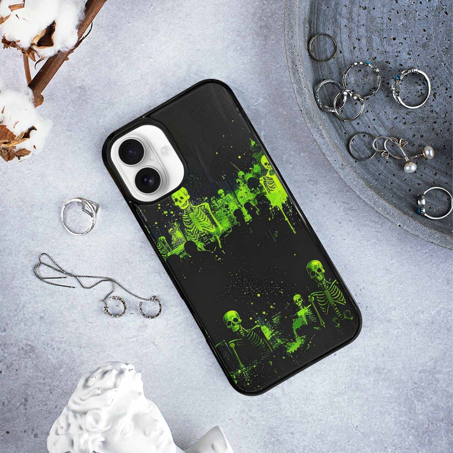 iPhone 16 Plus Case — Skeletons Neon Green Glow Skeletons Pattern, Custom Printed Phone Case