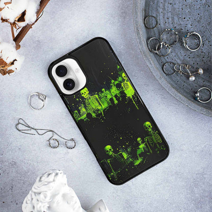 iPhone 16 Plus Case — Skeletons Neon Green Glow Skeletons Pattern, Custom Printed Phone Case
