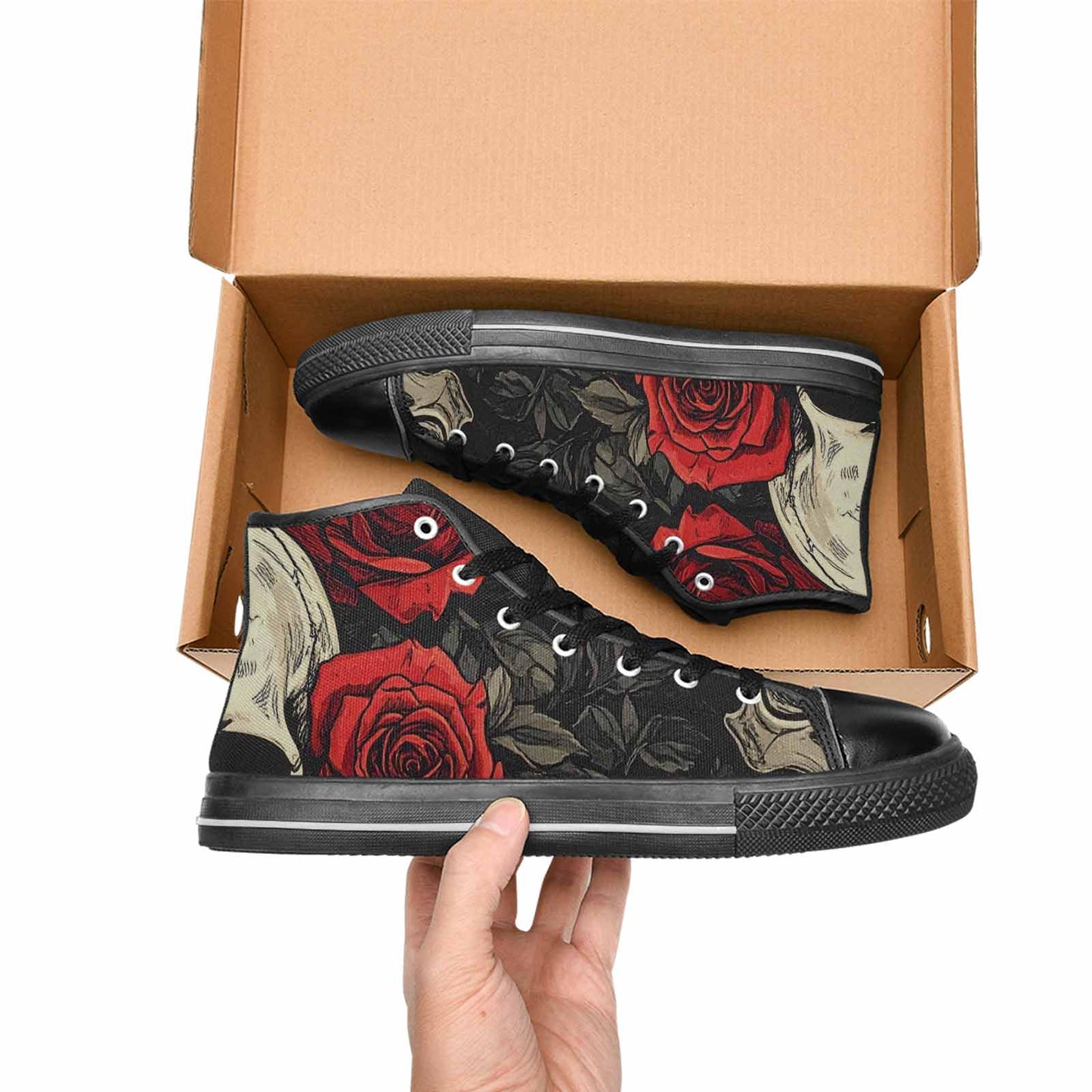 WOMEN'S Skulls Roses Bold Pen Ink High Top Canvas Grunge Custom Sneakers