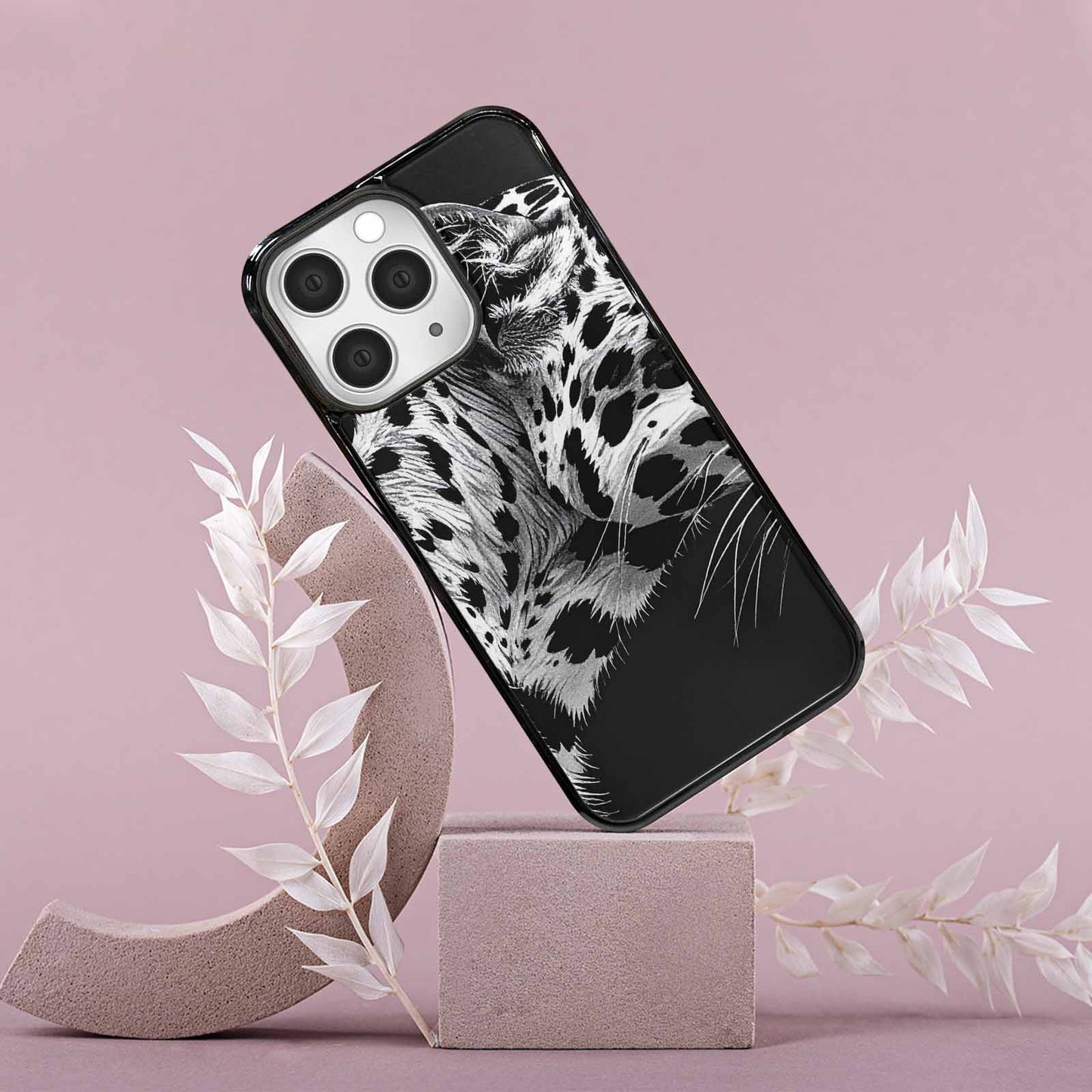 iPhone 15 Pro Max Case — Leopard Print Black And White Style, Custom Printed Phone Case