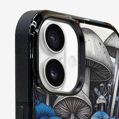 iPhone 16 Case — Mushrooms General Black Blue Ink Mushrooms, Custom Print Case Cover
