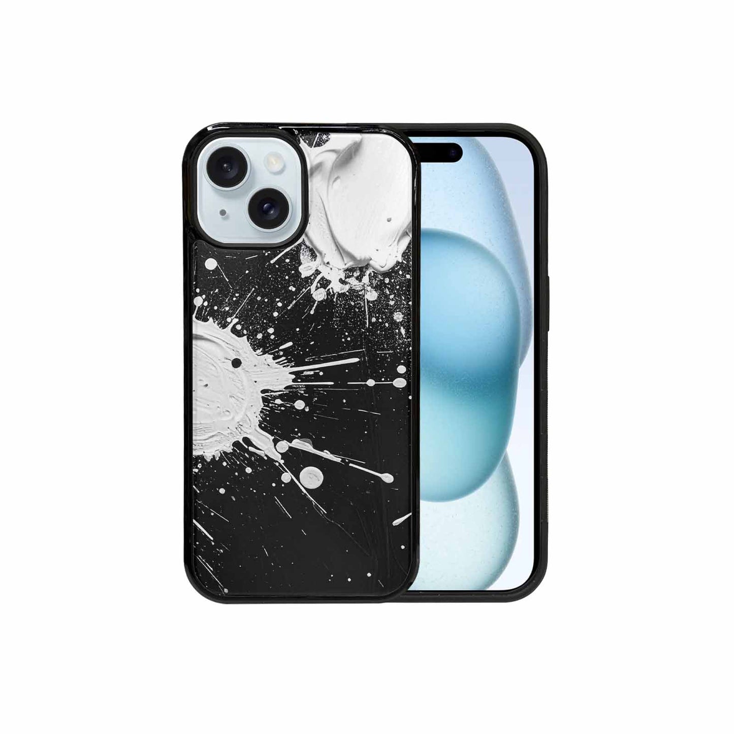iPhone 15 Case — White Ink Splatter Texture On Black, Custom Art Phone Cover