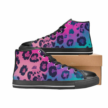 MEN'S Leopard Neon Pink Teal Airbrush High Top Canvas Wallpaper Art Shoes