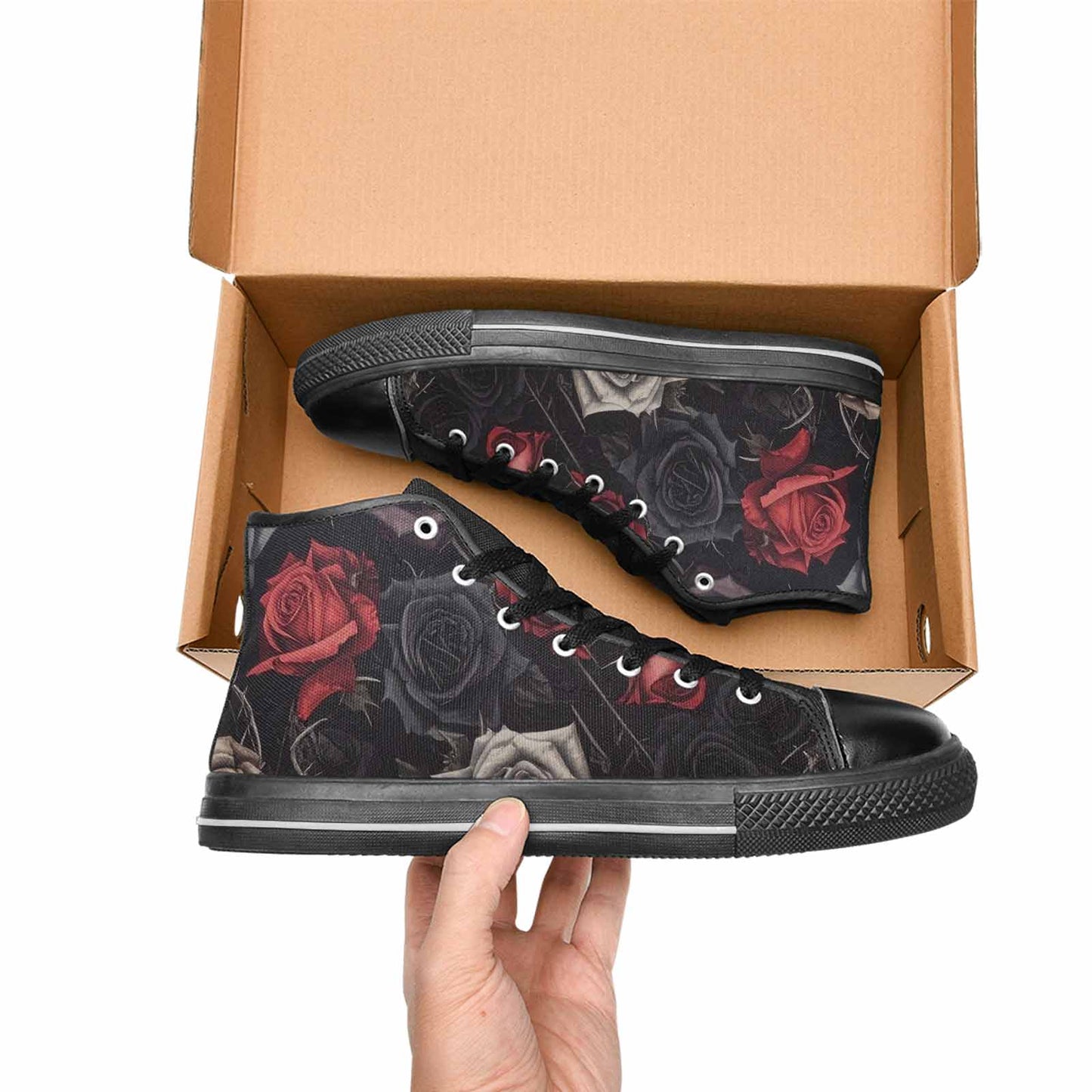 MEN'S Black Gothic Rose High Top Canvas Neon Fantasy Custom Sneakers