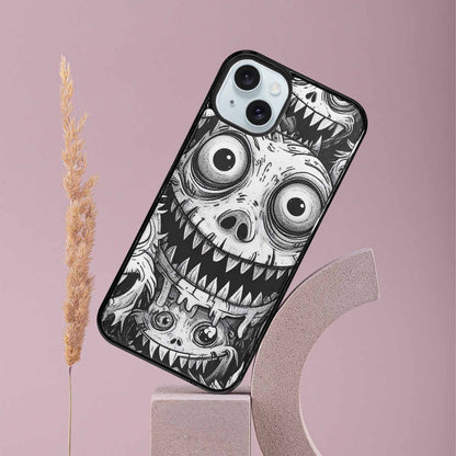 iPhone 15 Plus Case — Black And White Monster Face Collage, Custom Phone Case