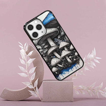 iPhone 15 Pro Max Case — Mushrooms General Black Blue Ink Mushrooms, Customized Protective Case