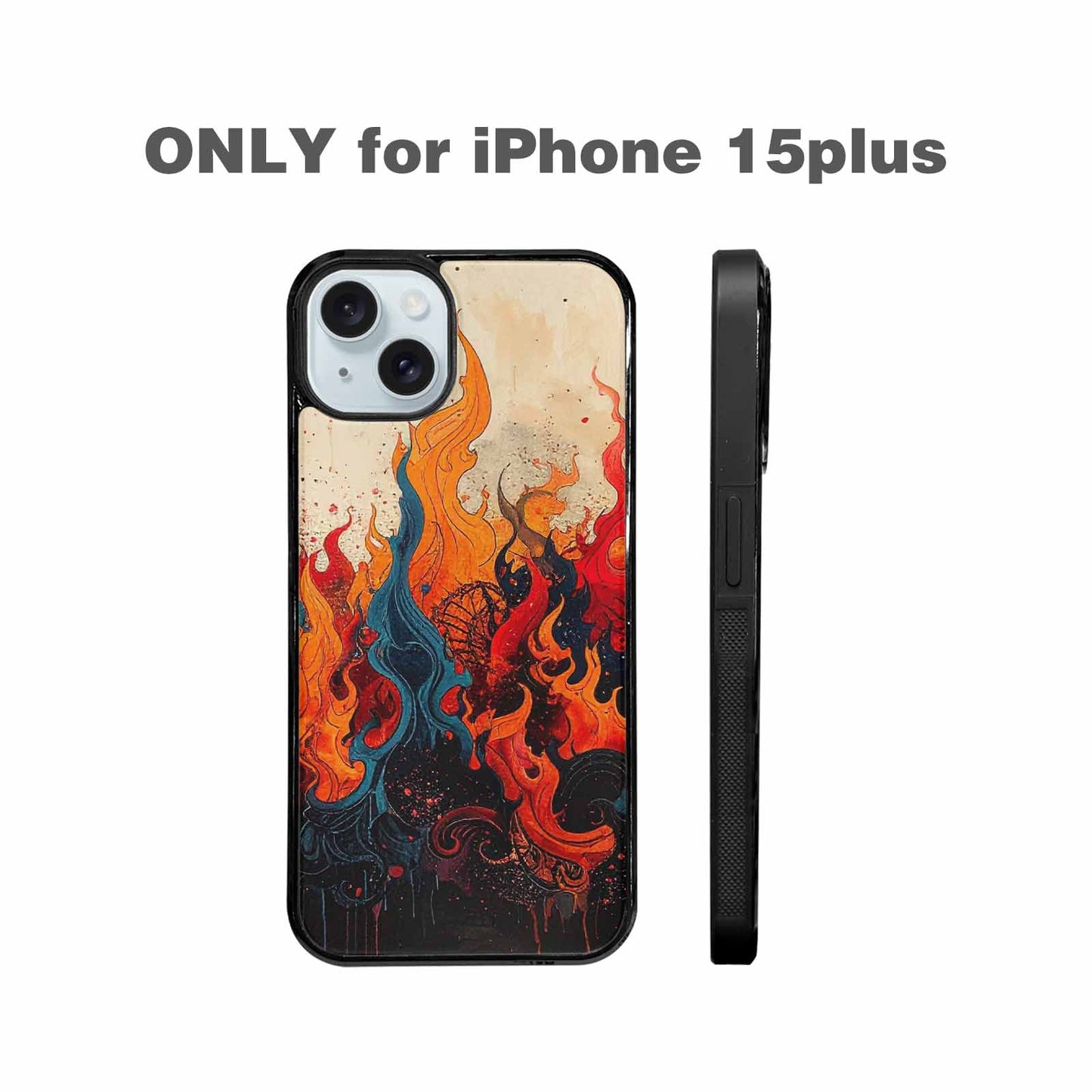 iPhone 15 Plus Case — Flame Burst Black Red Ink Flame, Custom Phone Case