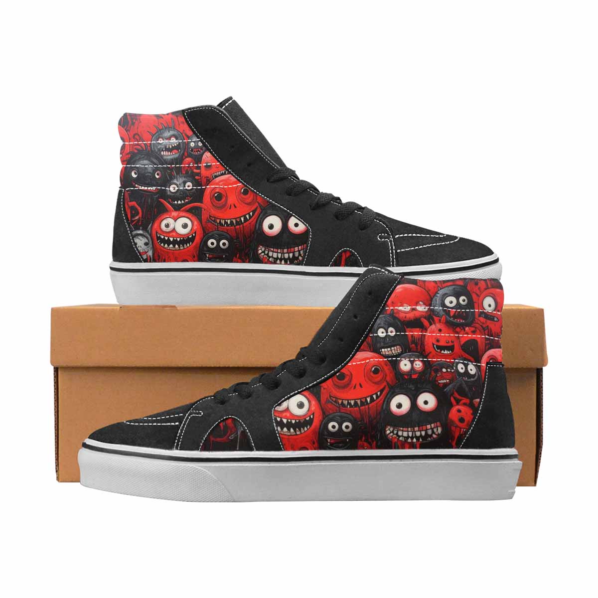 WOMEN'S Monsters Black & Red Ink High Top Canvas Bold Print Grunge Custom Art Shoes