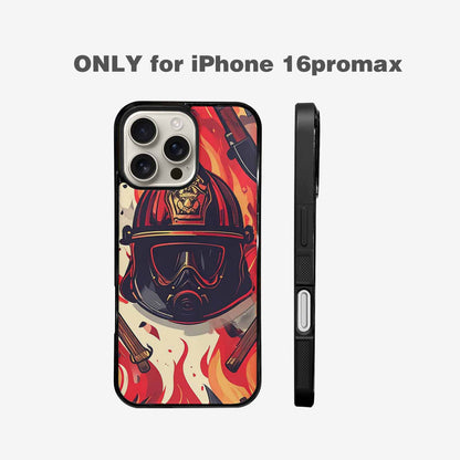iPhone 16 Pro Max Case — Firefighter Pattern Flames Axes Helmets Seamless, Custom Made Phone Cover