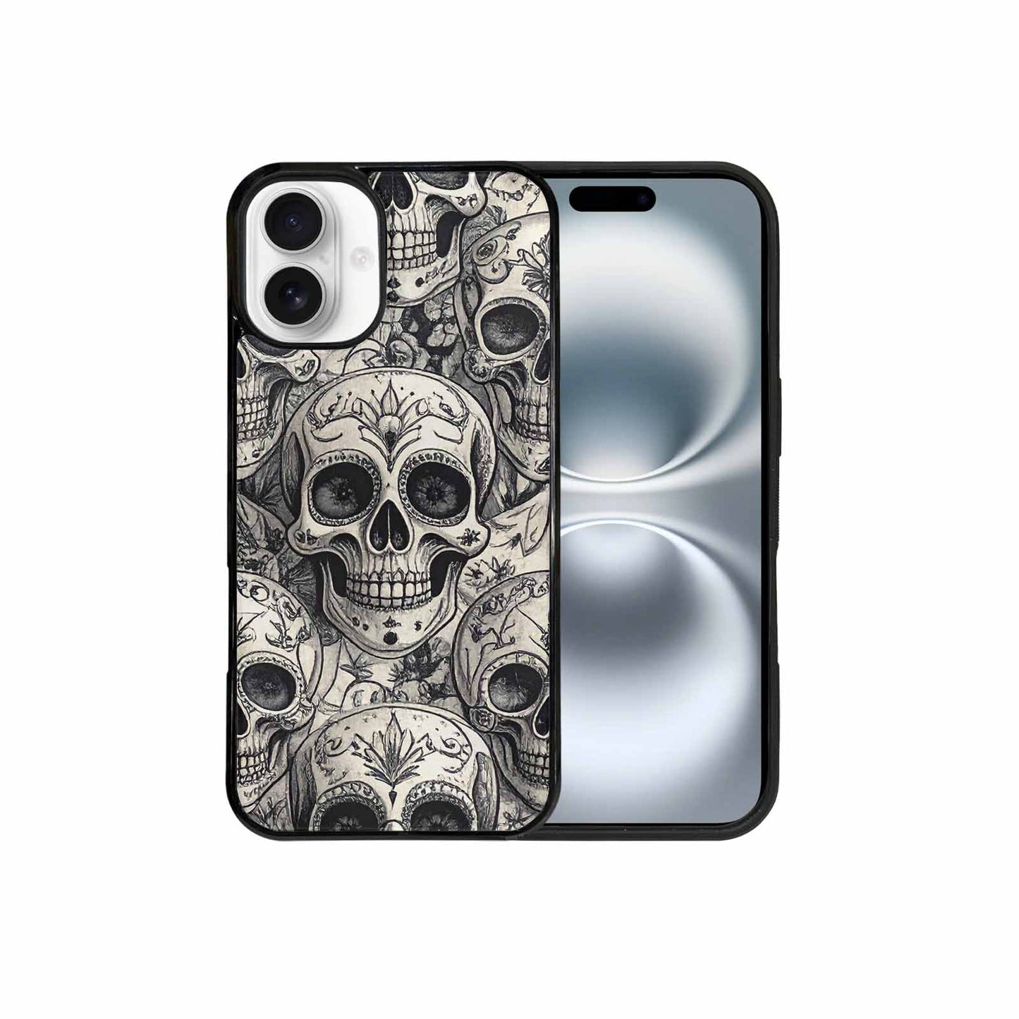 iPhone 16 Plus Case — Intricately Detailed Sugar Skulls In Black, Custom Phone Case