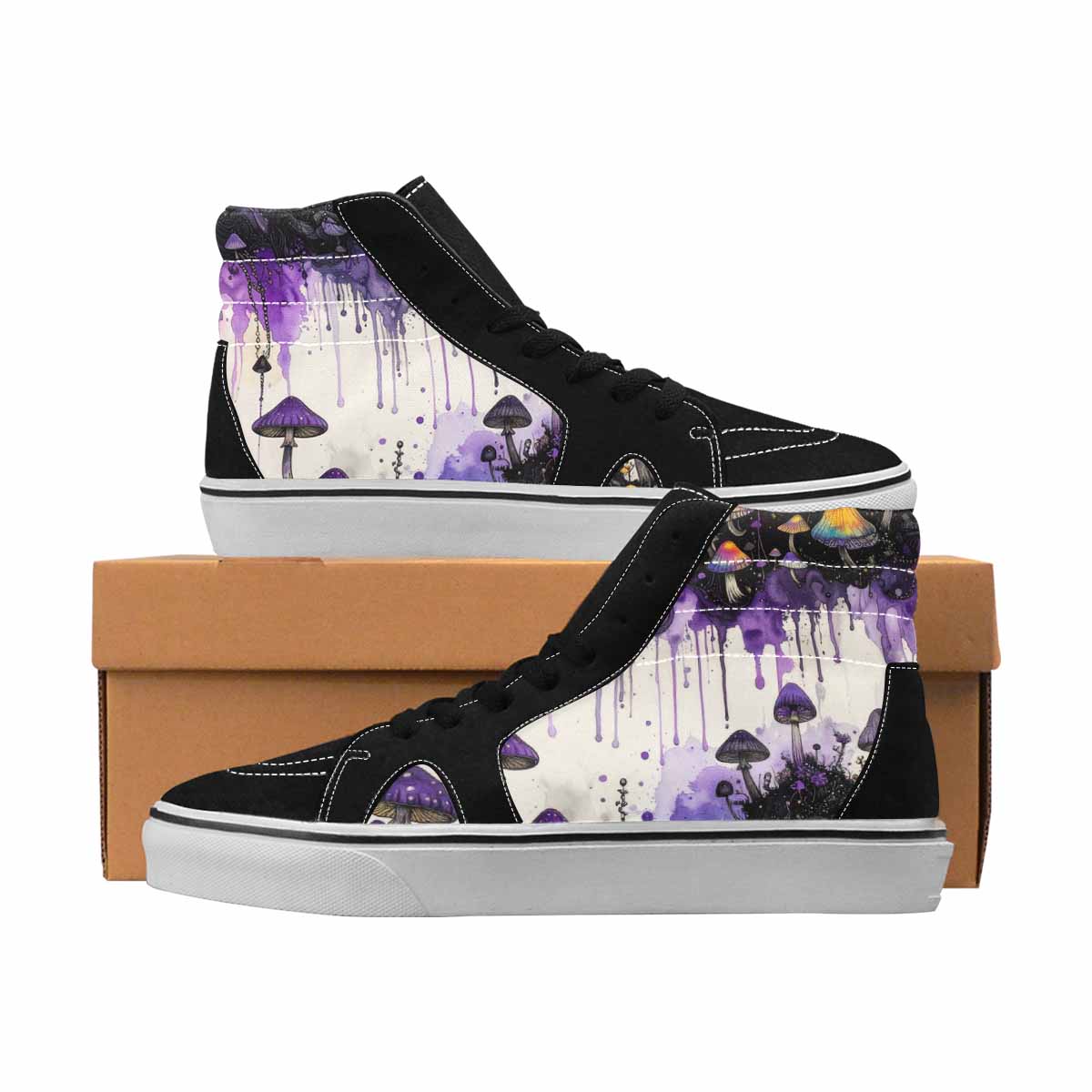 MEN'S Mushrooms Black & Purple Ink High Top Canvas Streetwear Neon Fantasy All Over Print Shoes