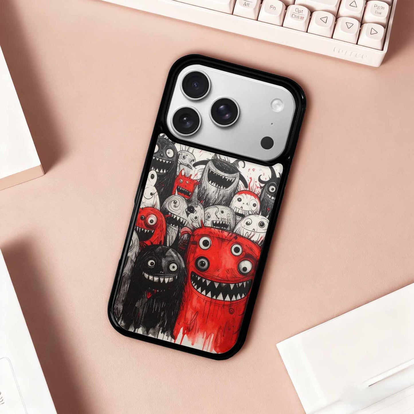 iPhone 17 Pro Case — Black Red Ink Monsters General Cartoon, Custom Printed Phone Case