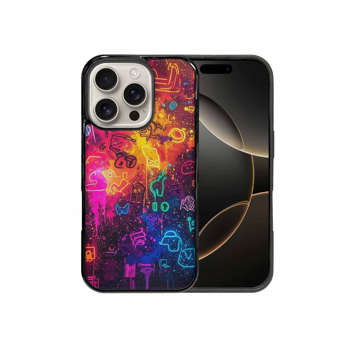 iPhone 16 Pro Case — Neon Glow Outline Icon Pattern Hundreds, Custom Phone Case