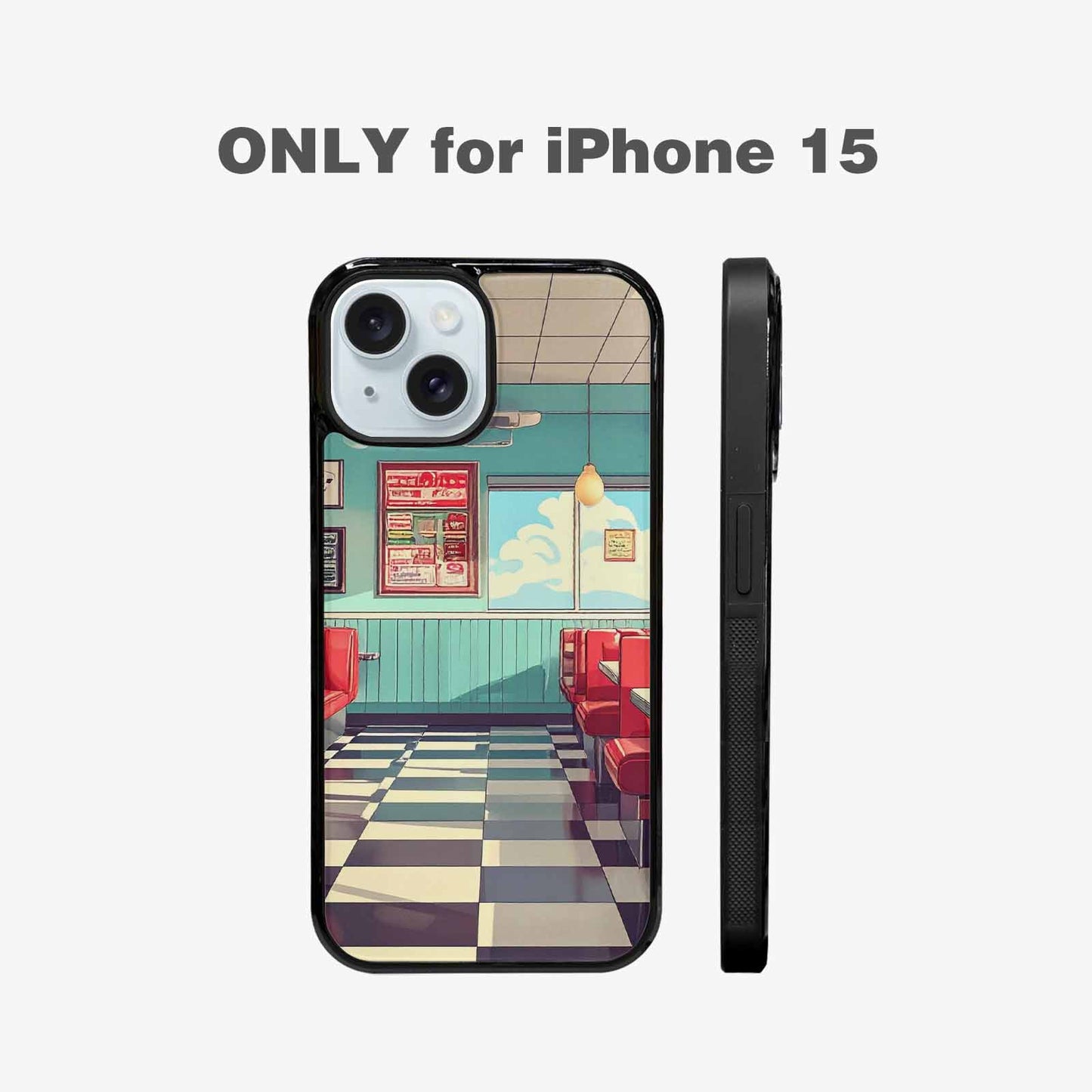 iPhone 15 Case — 1950s Diner Cartoon Art Pattern, Custom Printed Phone Case