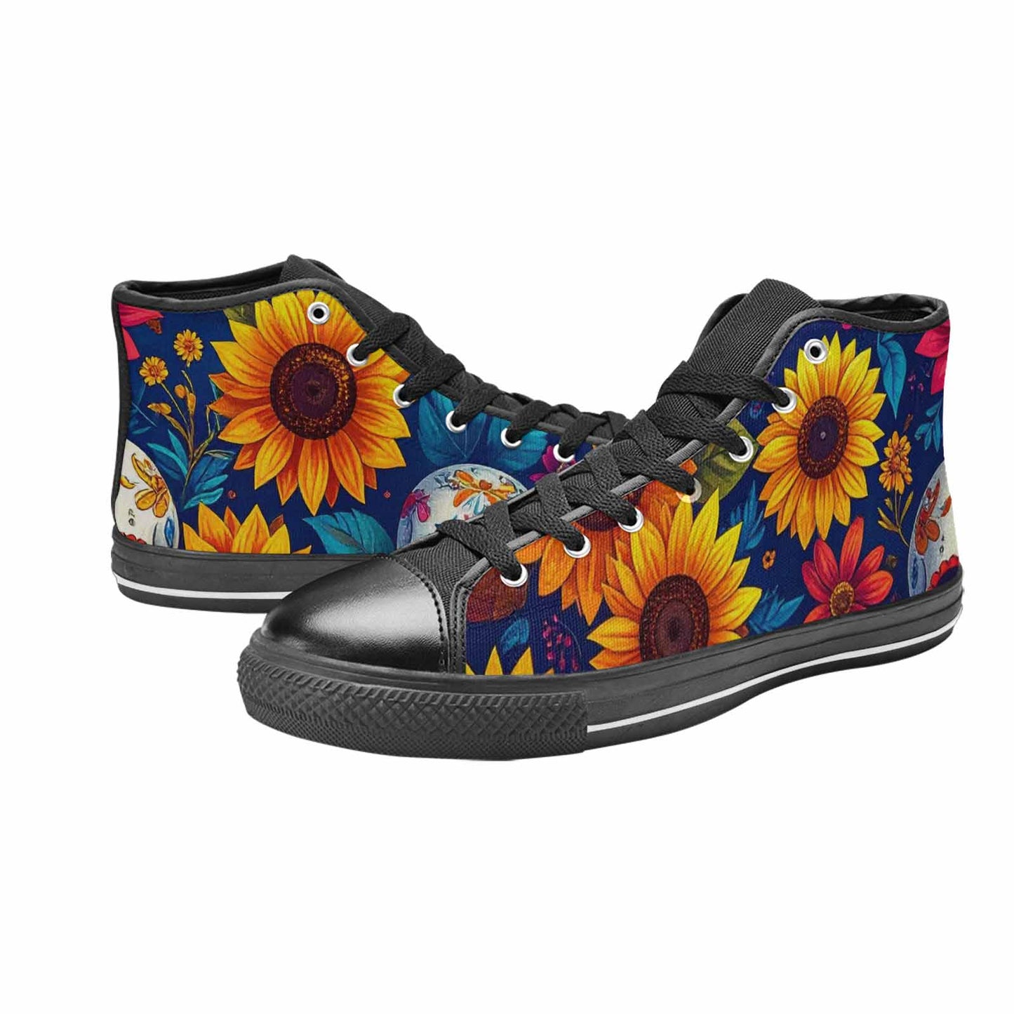 WOMEN'S Sunflower Skulls Print High Top Canvas Surreal Sneakers