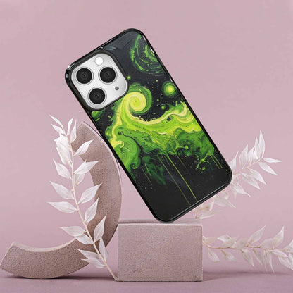iPhone 15 Pro Max Case — Melting Galaxy Acid Green, Custom Art Phone Cover