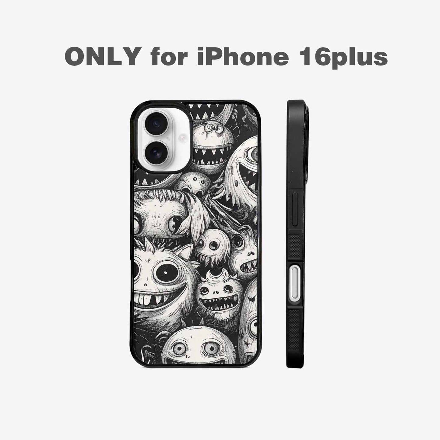 iPhone 16 Plus Case — Black And White Monster Face Collage, Custom Designed Case Cover