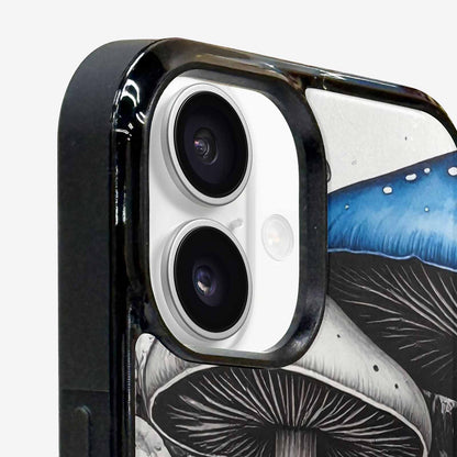 iPhone 16 Case — Mushrooms General Black Blue Ink Mushrooms, Unique Phone Case Design