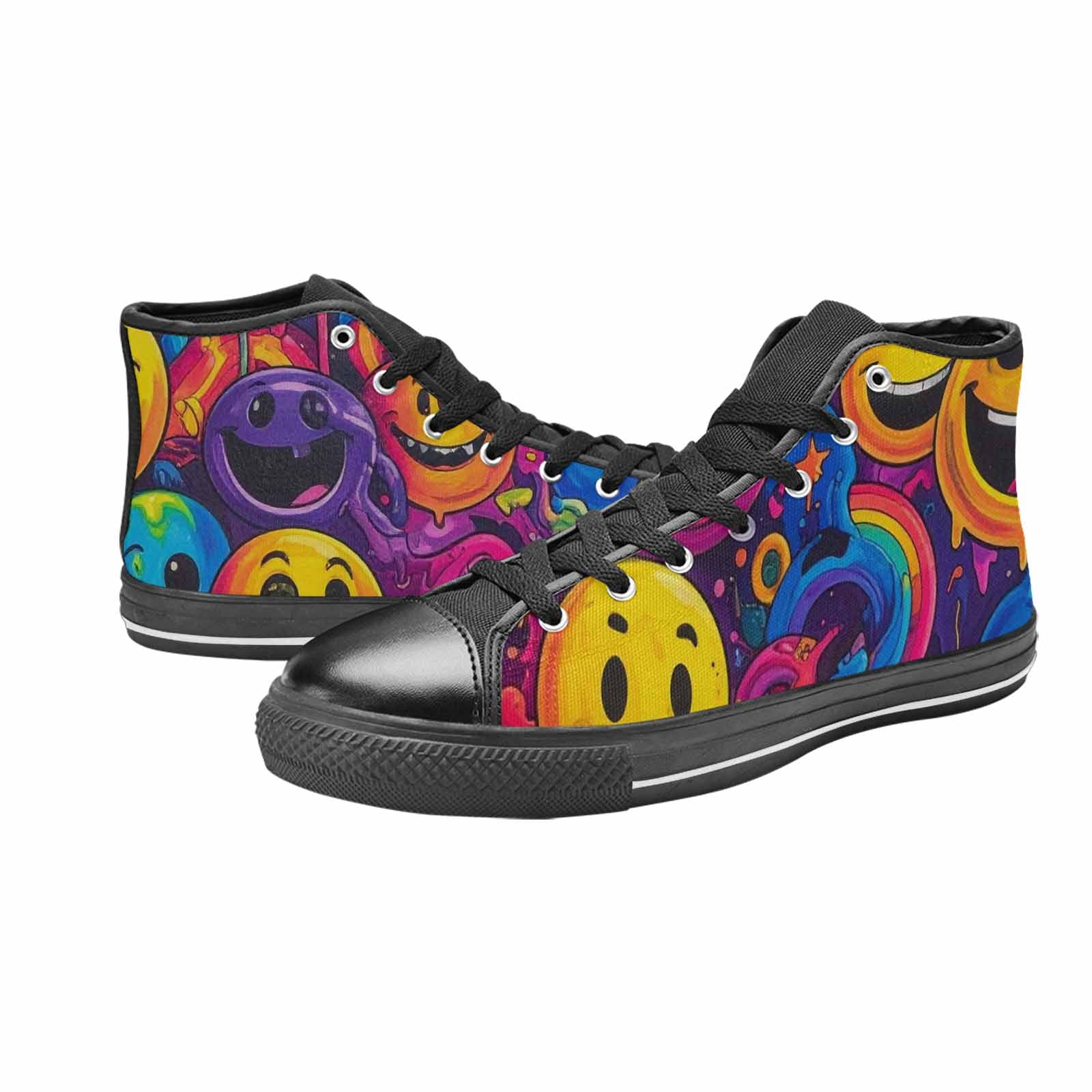 MEN'S Yellow Smiley Face High Top Canvas Wallpaper Art Sneakers