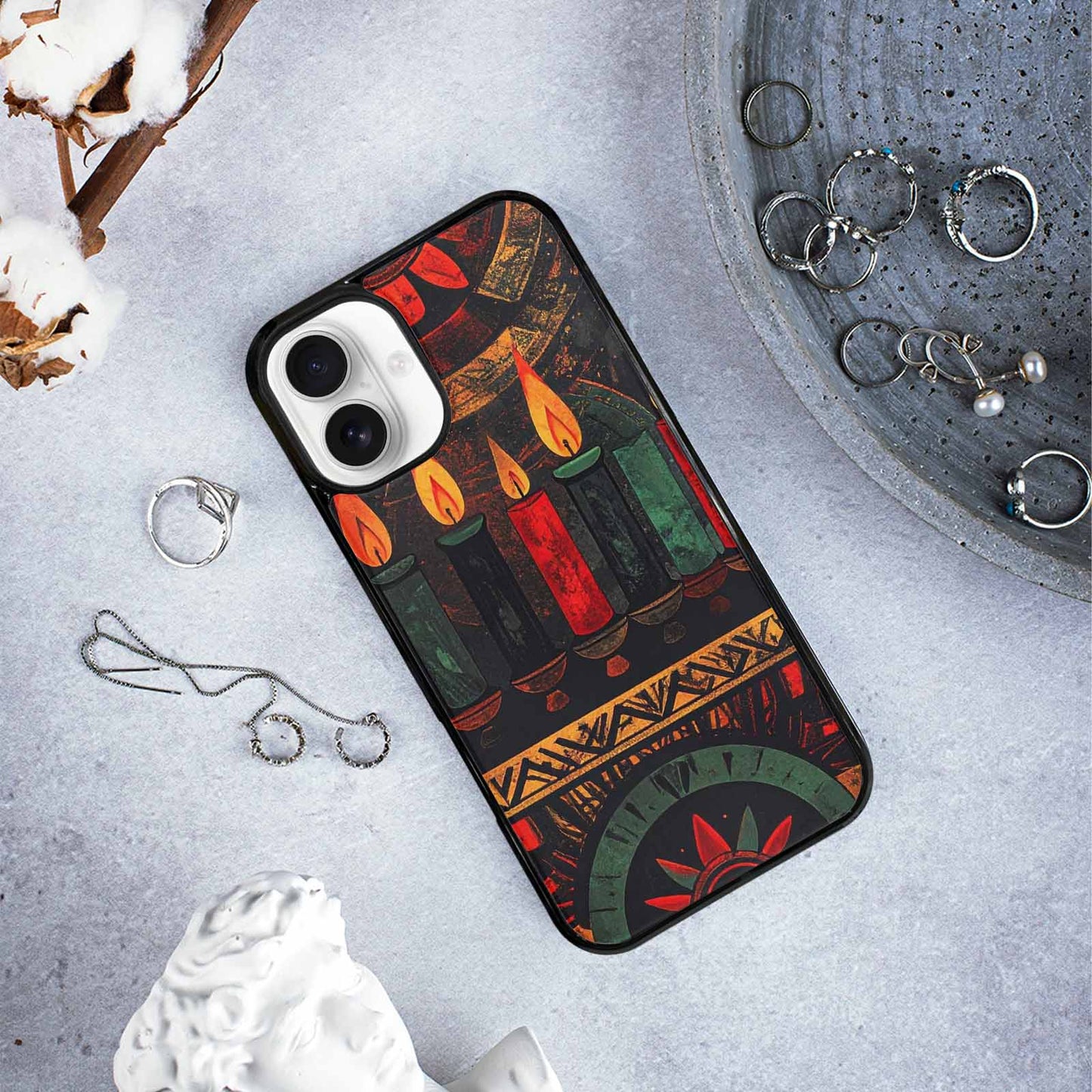 iPhone 16 Plus Case — Kwanzaa Kinara Pattern Seamless Repeat African, Custom Designed Case Cover