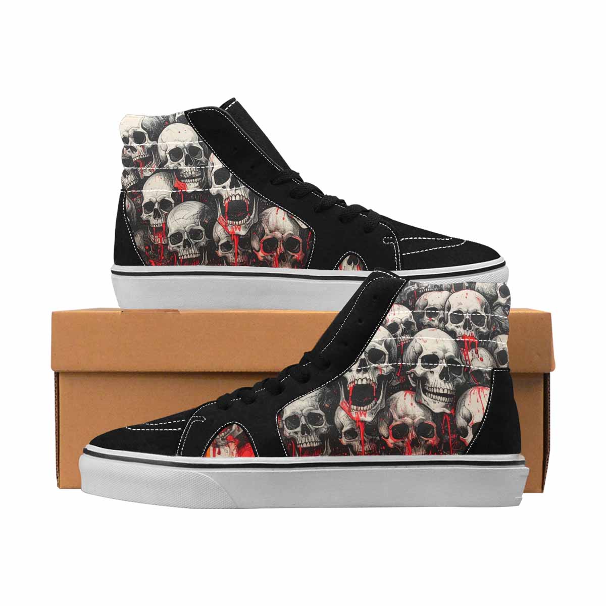 MEN'S Skulls Black & Red Ink High Top Canvas Bold Print Melting Art Custom Streetwear Shoes