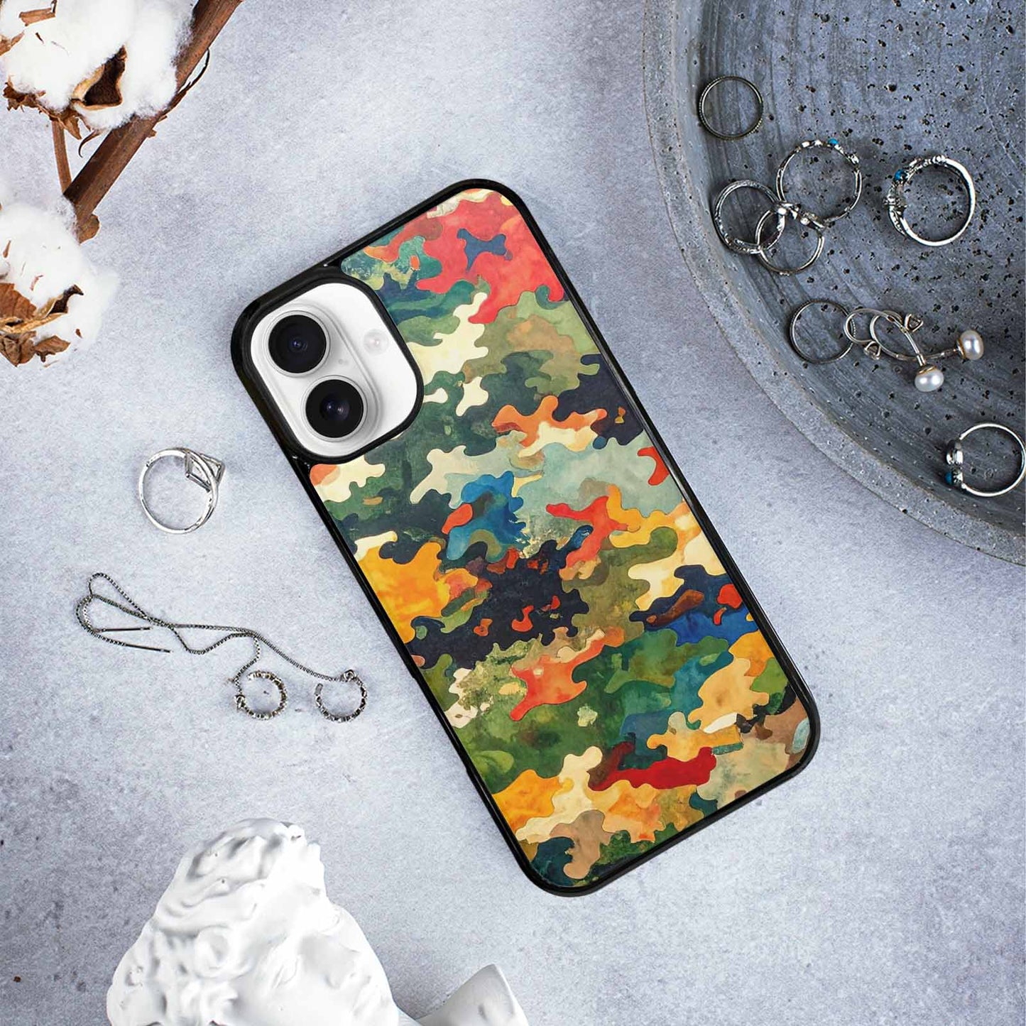 iPhone 16 Plus Case — Camo Patches Full Color Vibrant Camo, Custom Designed Case Cover