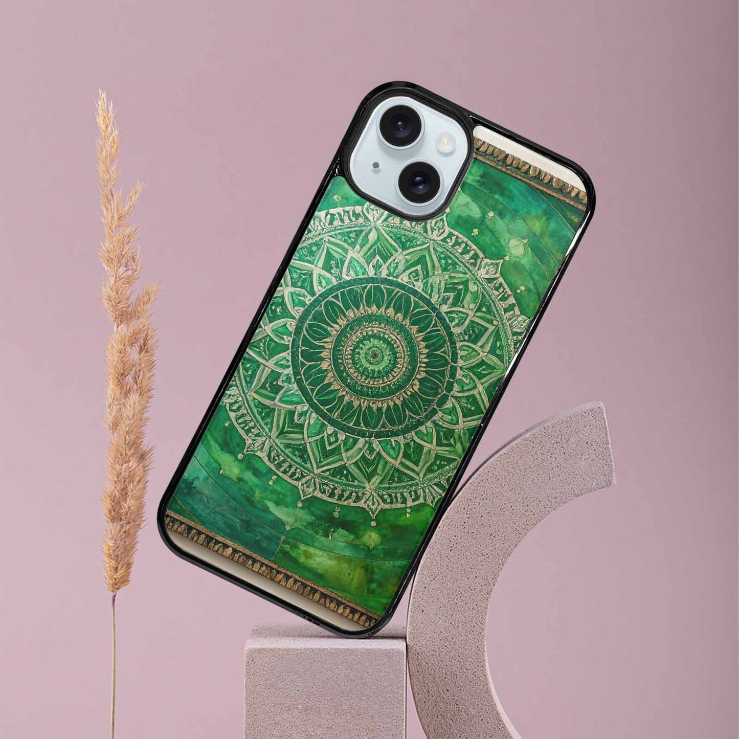 iPhone 15 Plus Case — Green Mandala Bohemian Print Edge To, Custom Made Phone Cover