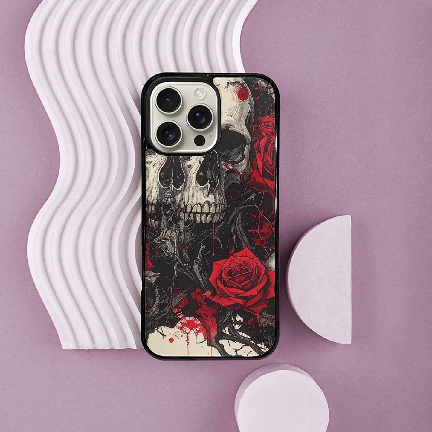 iPhone 16 Pro Max Case — Skull And Roses Black Red Ink, Custom Art Phone Cover