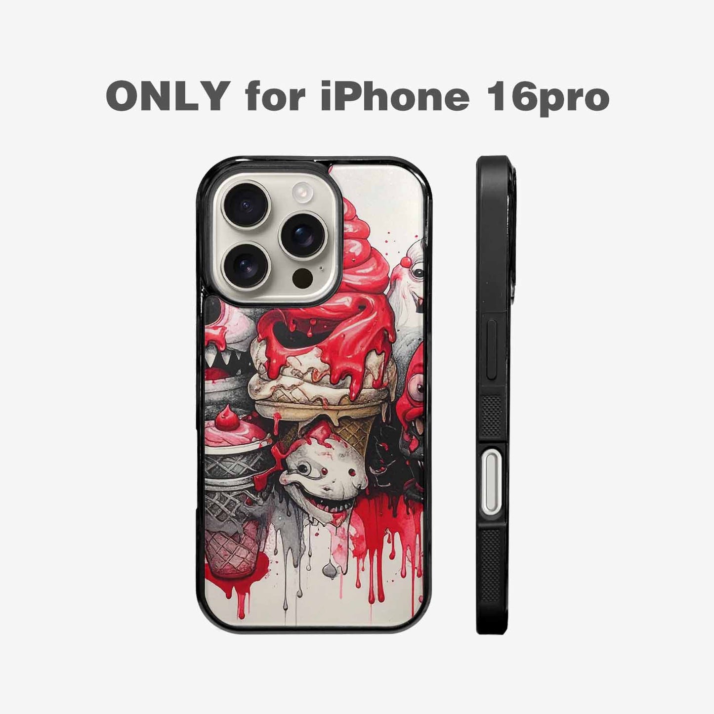iPhone 16 Pro Case — Ice Cream Monsters Black Red Ink, Custom Phone Case