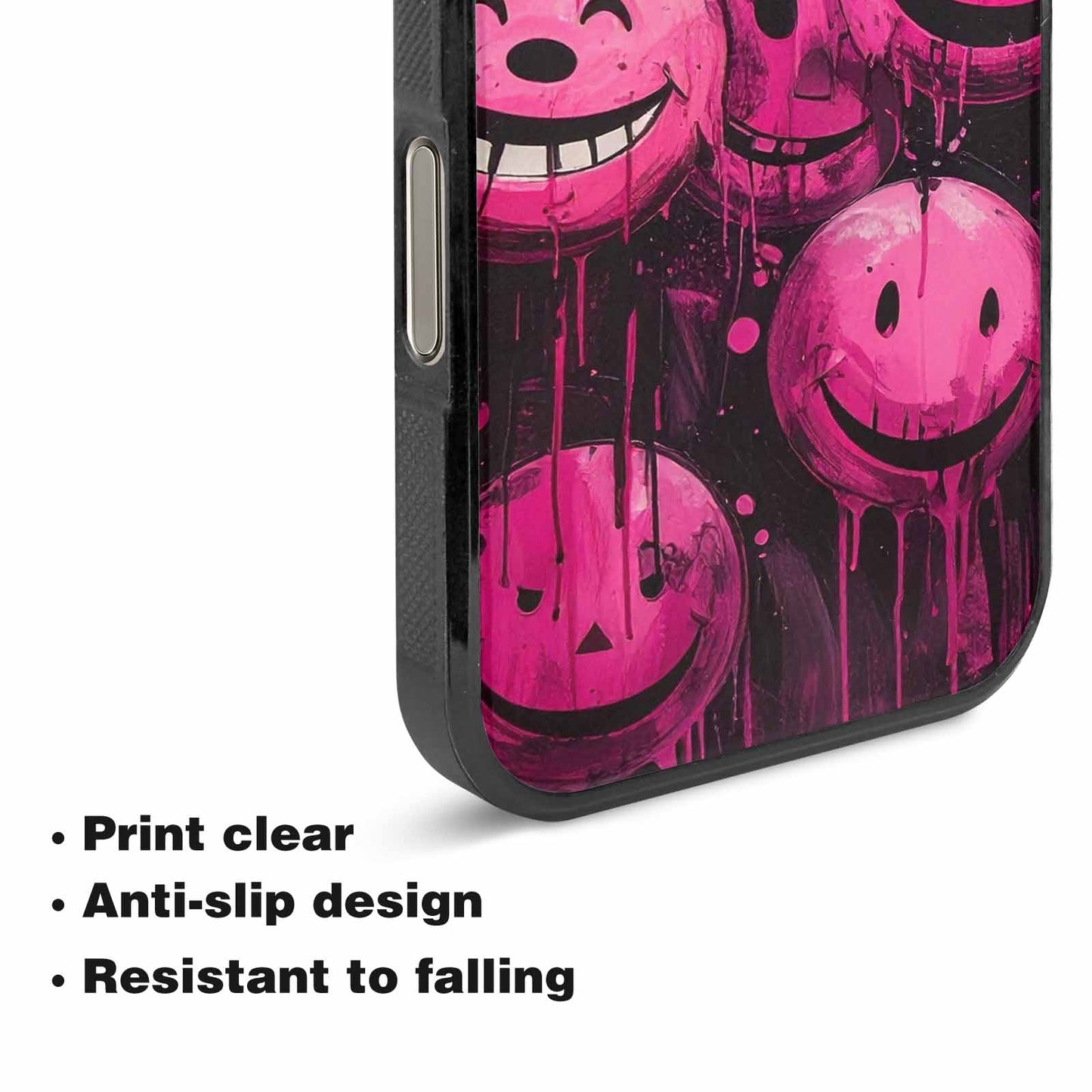 iPhone 16 Pro Case — Melting Moon Smiley Black Pink Ink, Custom Art Phone Cover