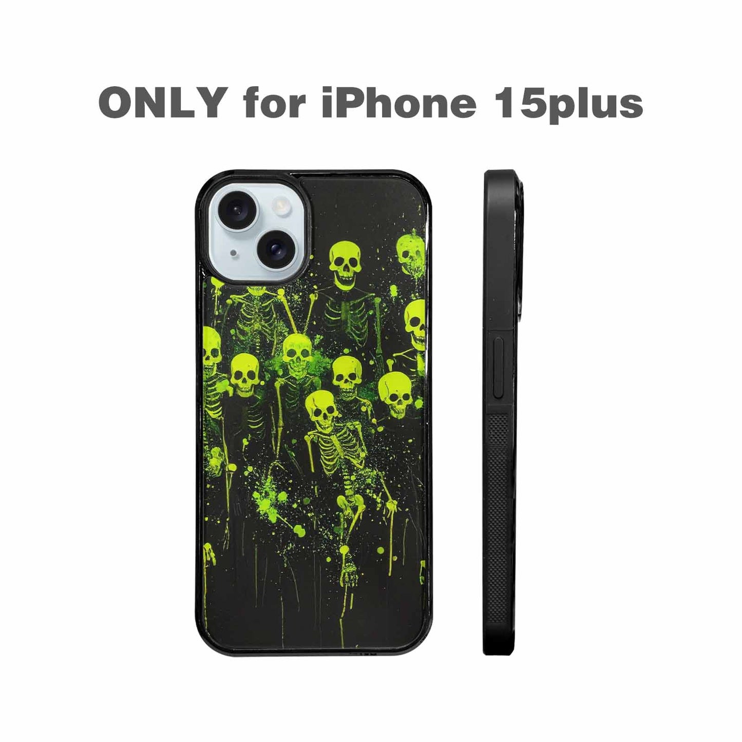 iPhone 15 Plus Case — Skeletons Neon Green Glow Skeletons Pattern, Personalized Phone Case