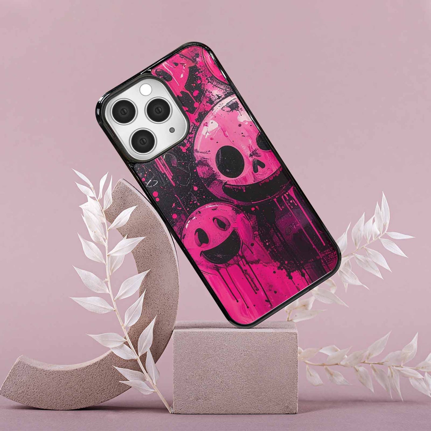 iPhone 15 Pro Max Case — Melting Moon Smiley Black Pink Ink, Custom Art Phone Cover