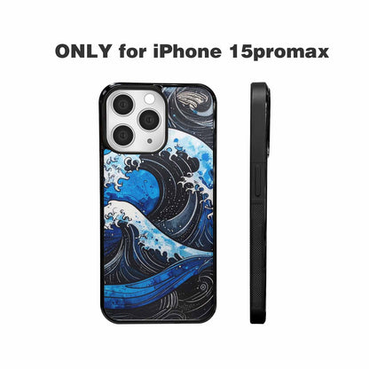 iPhone 15 Pro Max Case — Nautical Wave Black Blue Ink Wave, Original Design Phone Case