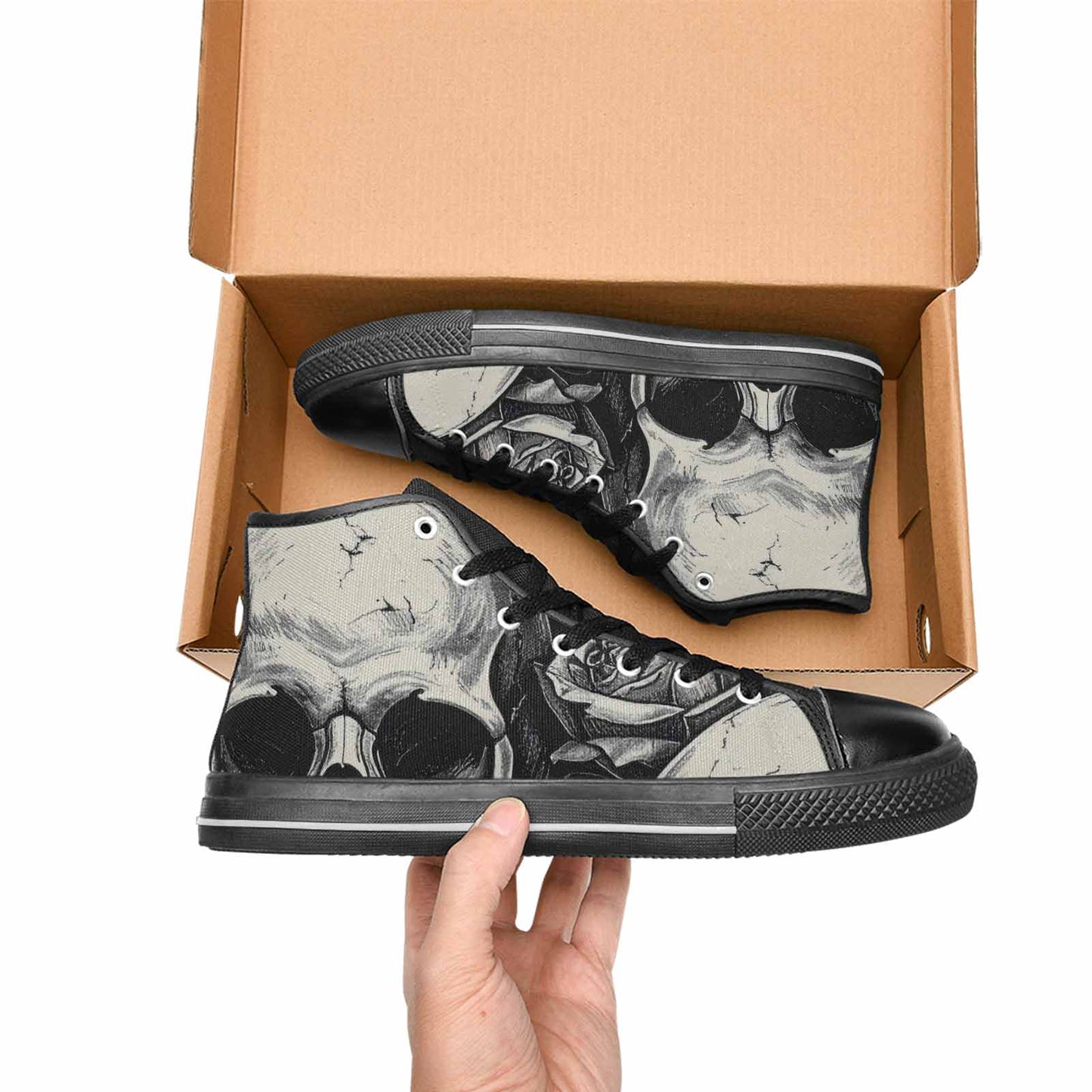 MEN'S Skulls Roses Black Ink High Top Canvas Y2K Custom Sneakers