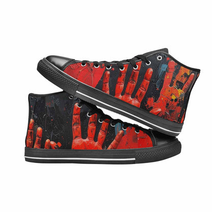 WOMEN'S Halloween Splatter Handprint High Top Canvas Vibrant Chaos Shoes