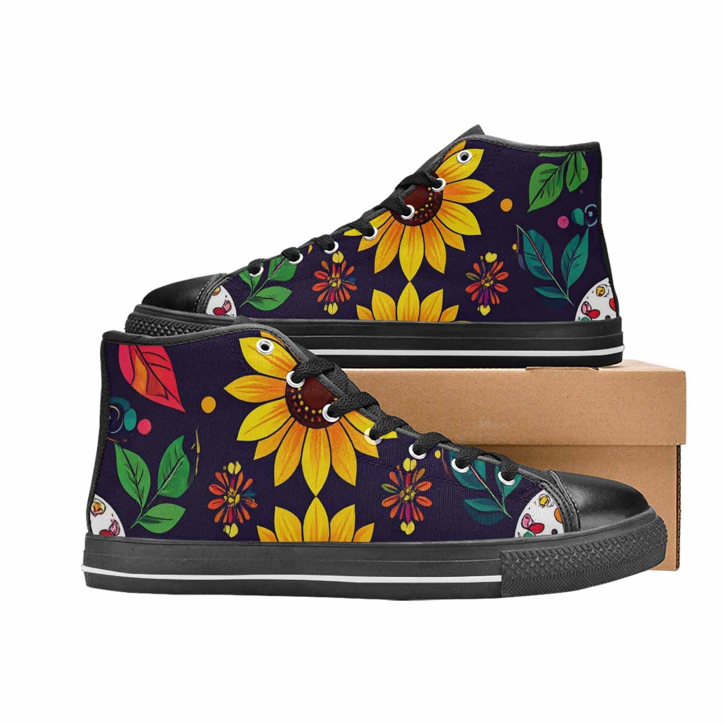 WOMEN'S Sunflowers And Skulls High Top Canvas Vibrant Chaos Custom Sneakers